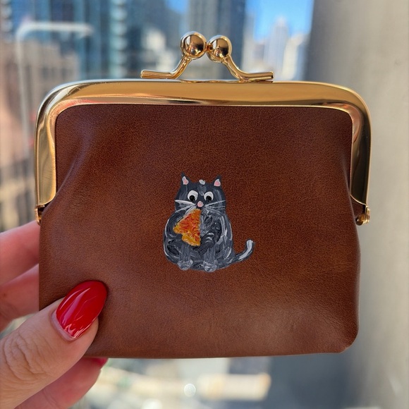 Accessories - Cat eating pizza hand painted coin purse